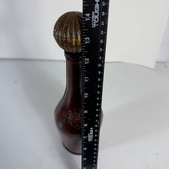 Decorative Leather Wrapped Bottle Decanter Brown Ornate Crest Vintage Home Decor - Picture 10 of 16